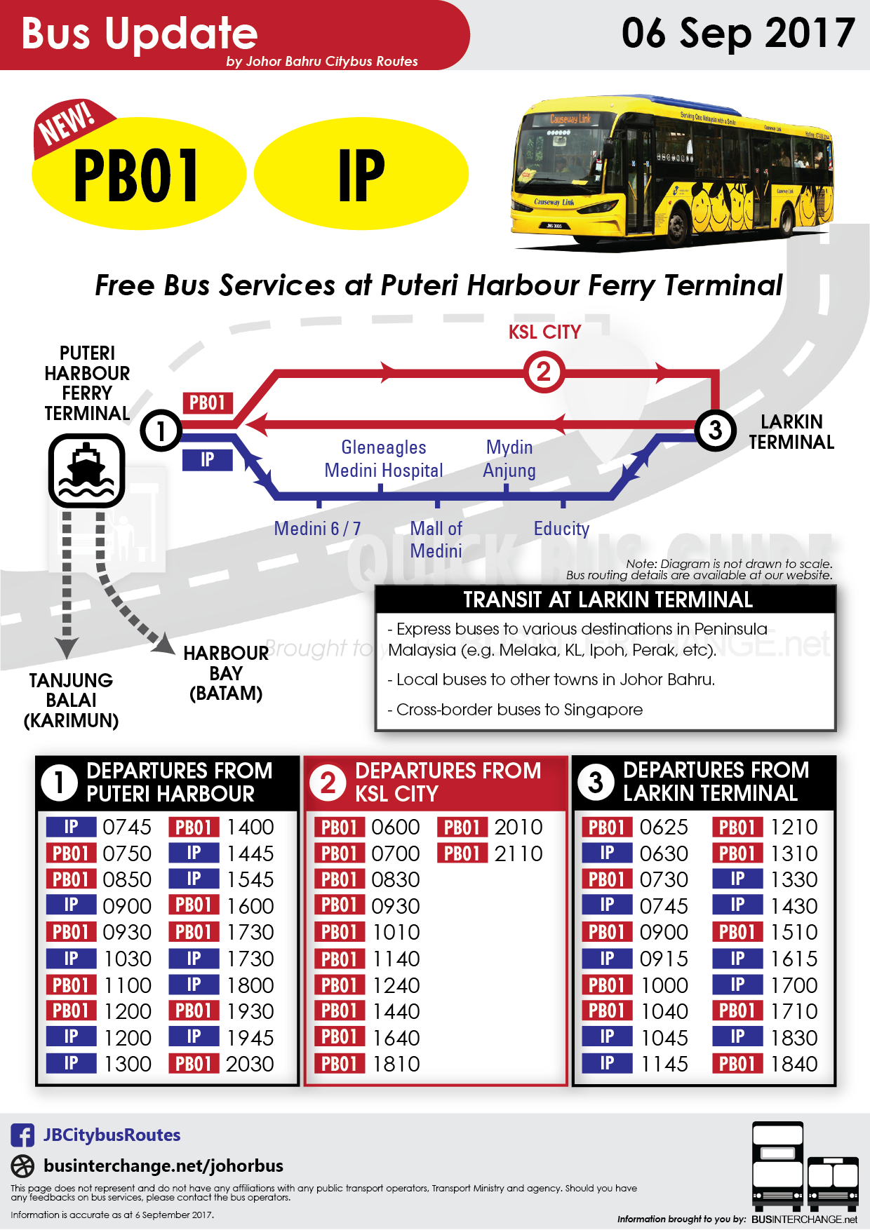 Collated bus timetables for Iskandar Puteri Free Shuttle IP and new bus service PB01.